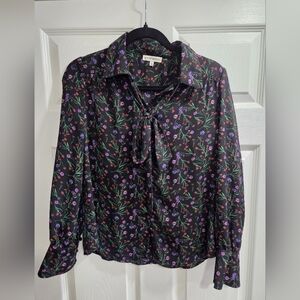 Black Floral Tie-Neck Blouse